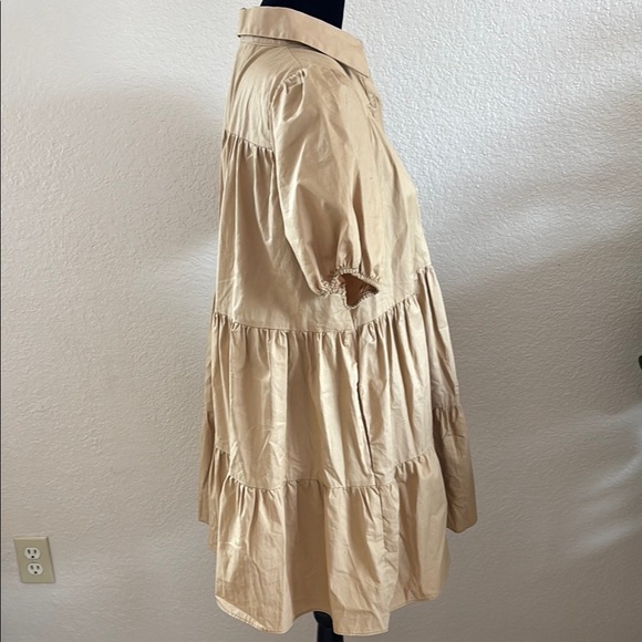 Zara Tan Puff Sleeved Button Down Collared Poplin Mini Dress 0140 - Picture 5 of 8
